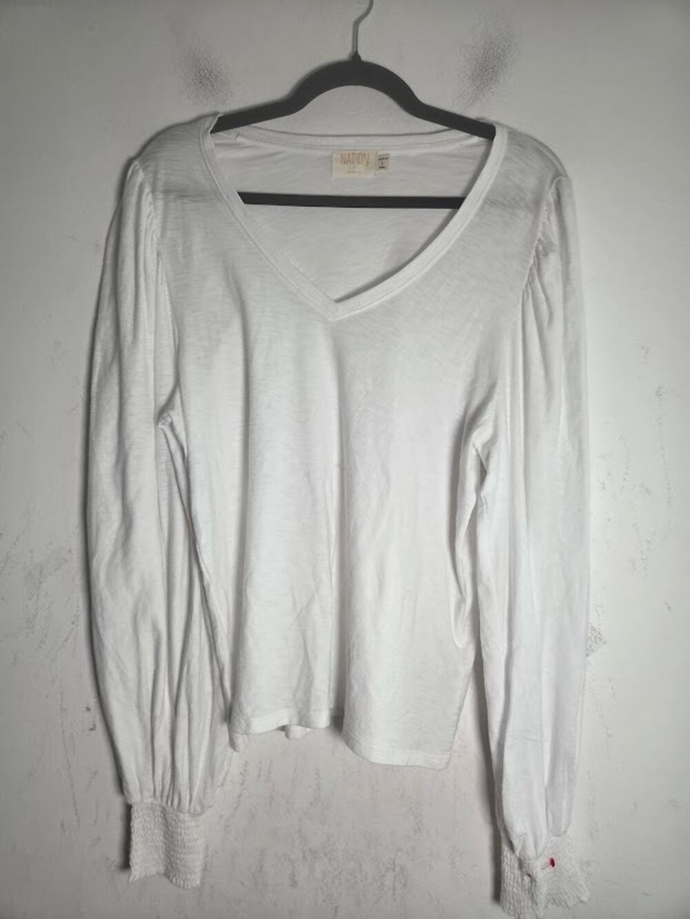 Nation LTD Women White V-Neck 100% Pima Cotton Puff Long Sleeves Blouse Large